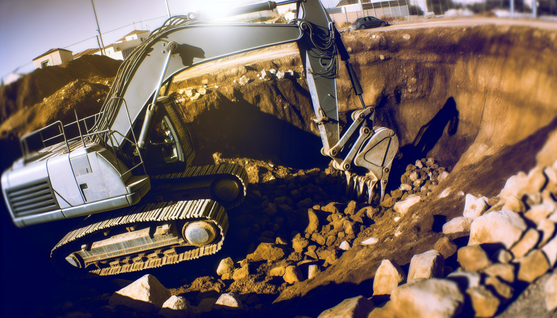 Escavator working on digging a ditch