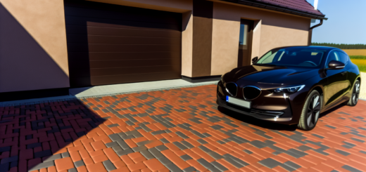 Display clay pavers with car in front of garage
