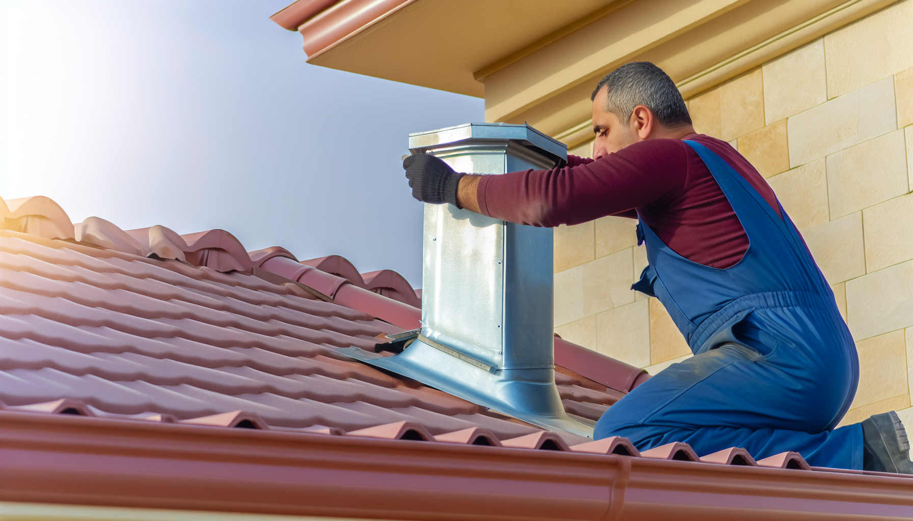 A roofer installing a steel chimney pipe on a house