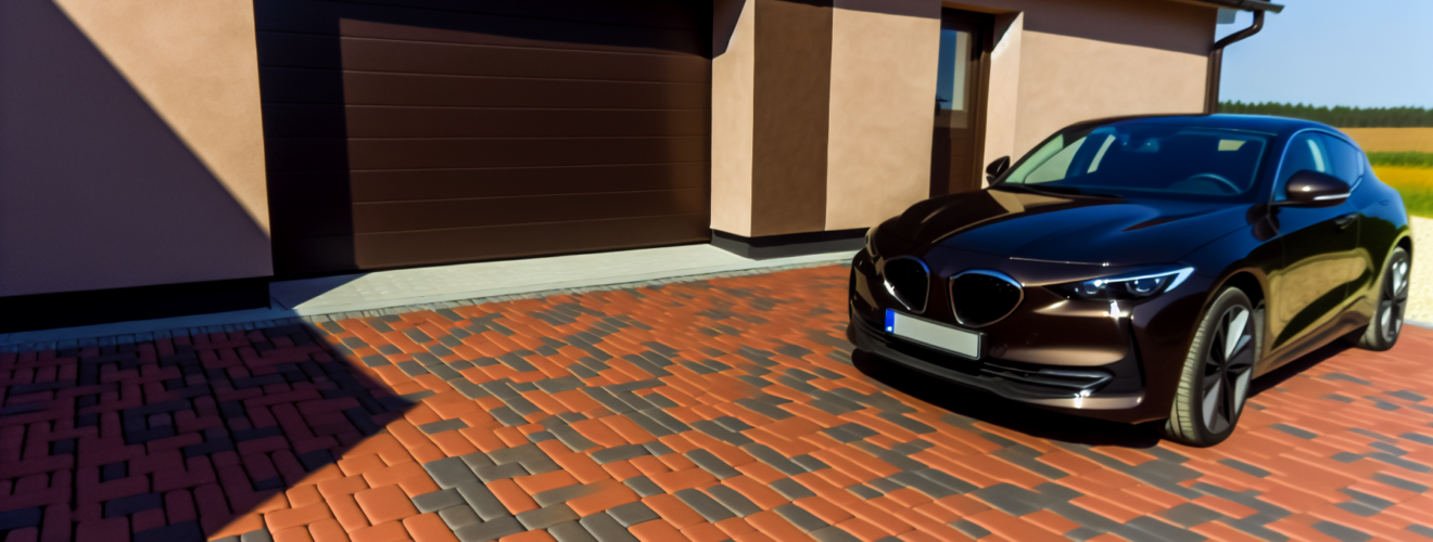 Display clay pavers with car in front of garage