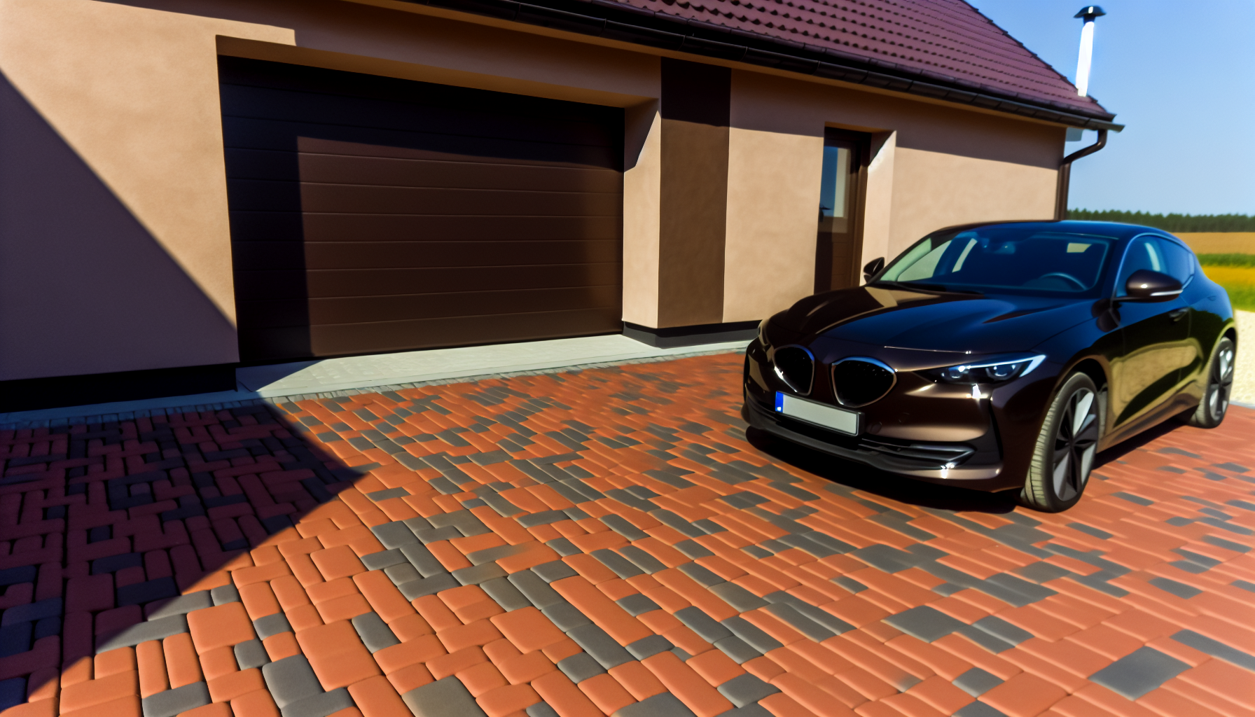Display clay pavers with car in front of garage