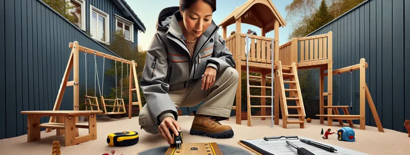 Adult measuring and tightening swing set over soft underlay in a norwegian garden