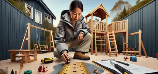 Adult measuring and tightening swing set over soft underlay in a norwegian garden