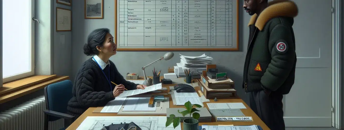 Caseworker and homeowner reviewing building permit drawings and checklist in norway