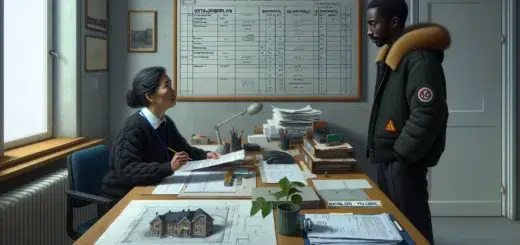 Caseworker and homeowner reviewing building permit drawings and checklist in norway