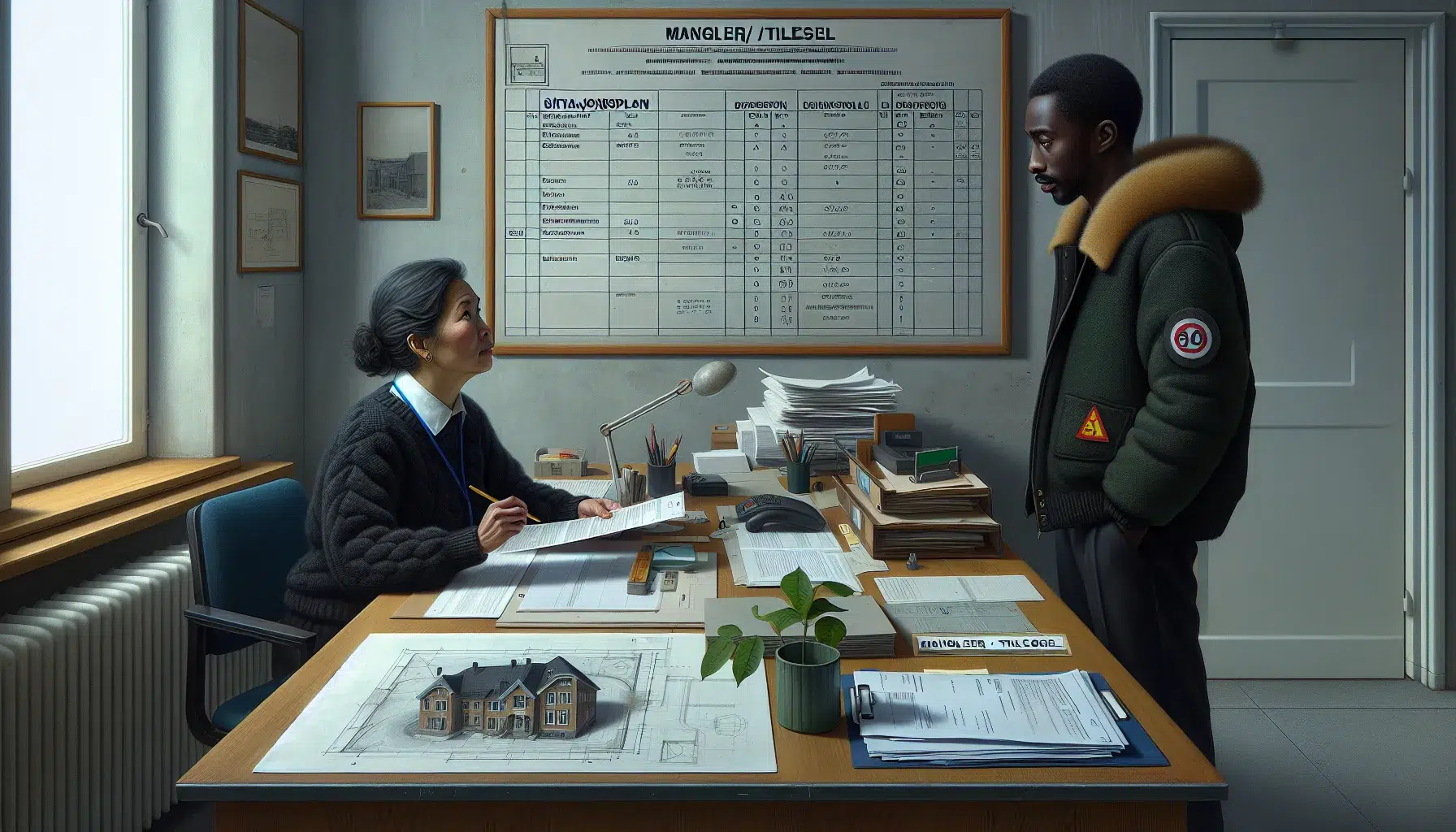 Caseworker and homeowner reviewing building permit drawings and checklist in norway