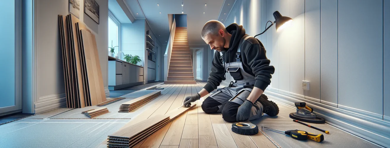 Craftsperson installing laminate floor with tight seams in a bright norwegian room