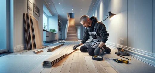 Craftsperson installing laminate floor with tight seams in a bright norwegian room