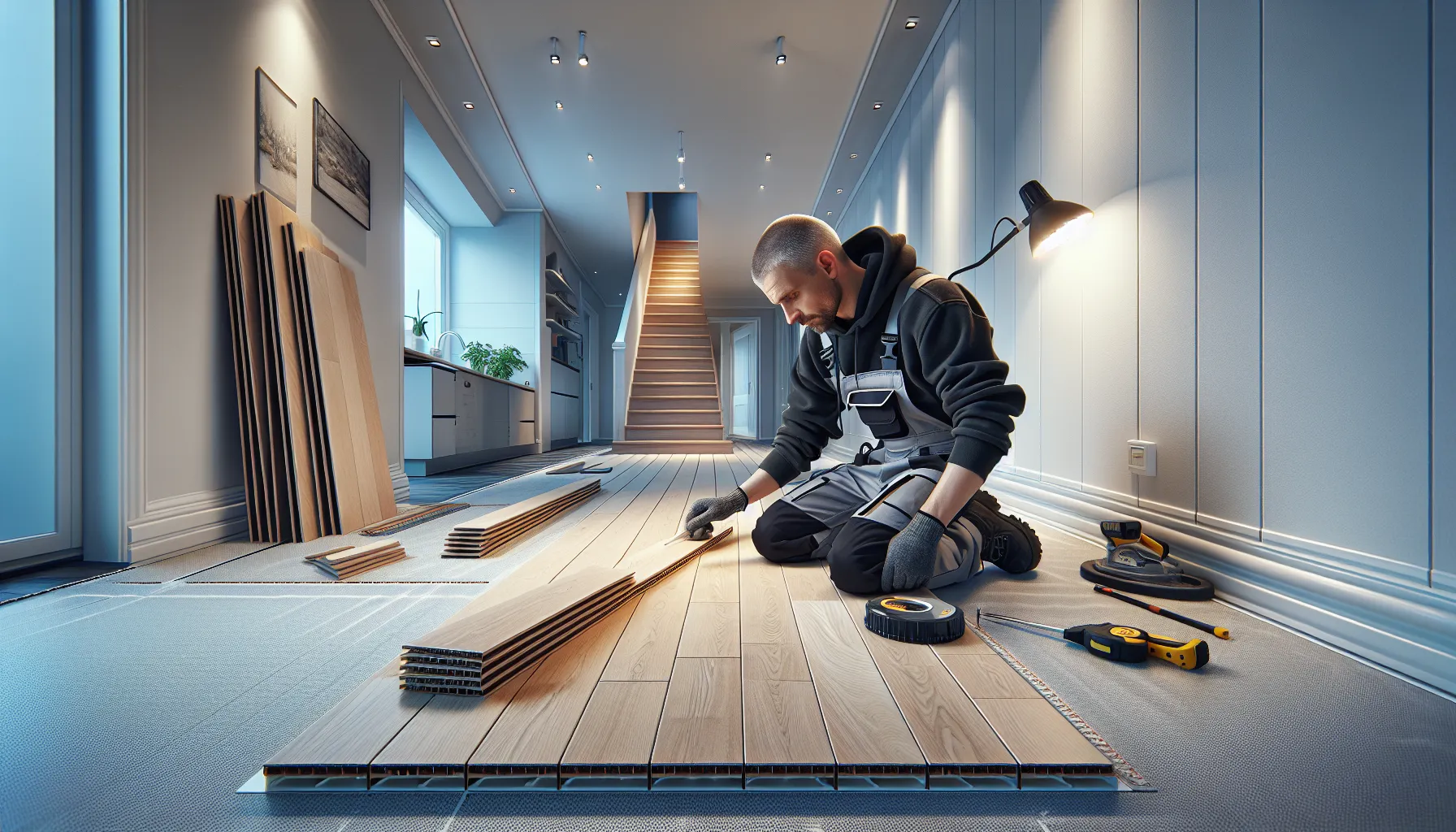 Craftsperson installing laminate floor with tight seams in a bright norwegian room