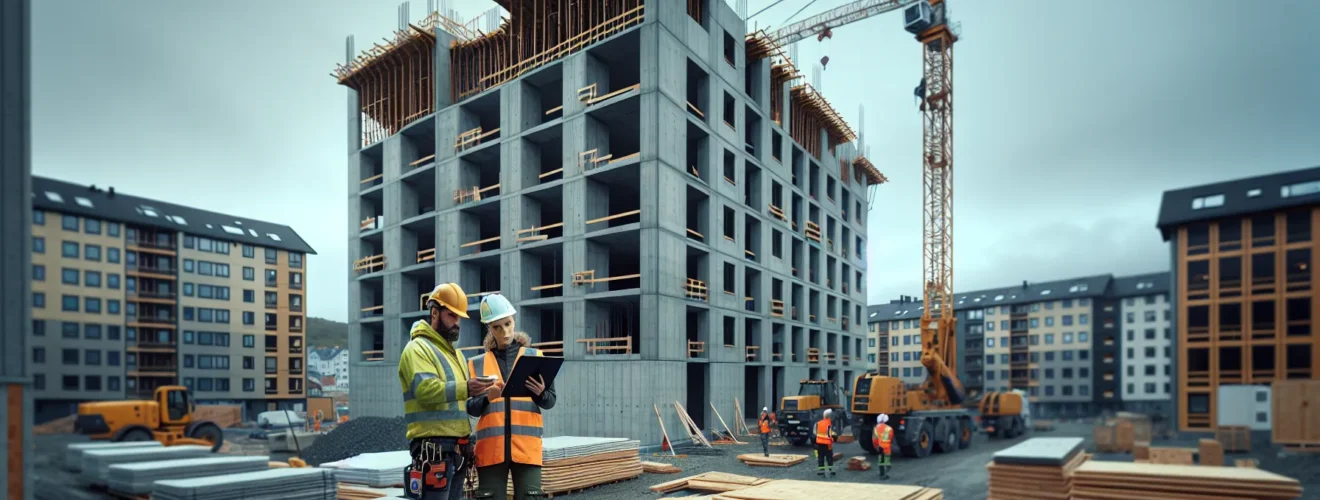 Crane installing prefabricated wall panels at a norwegian construction site