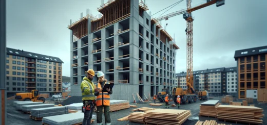 Crane installing prefabricated wall panels at a norwegian construction site