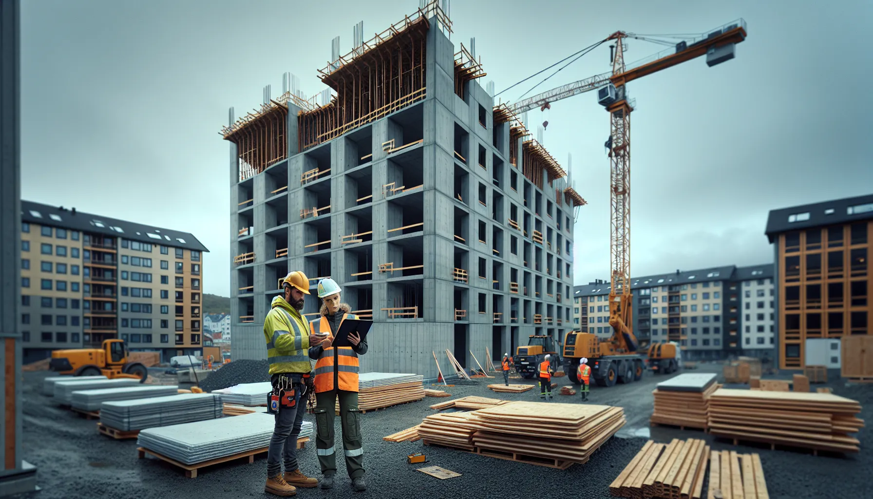 Crane installing prefabricated wall panels at a norwegian construction site