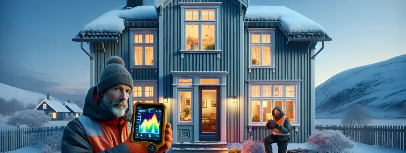 Homeowner and energy advisor using thermal camera on a norwegian house in winter