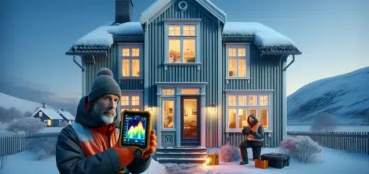 Homeowner and energy advisor using thermal camera on a norwegian house in winter