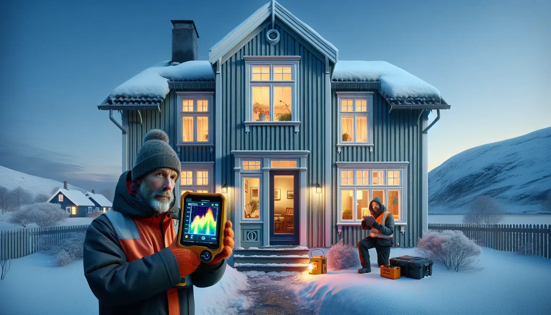 Homeowner and energy advisor using thermal camera on a norwegian house in winter