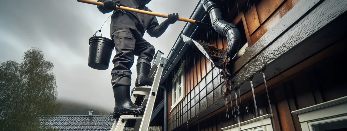 Homeowner in norway cleaning clogged gutters on a ladder after rain
