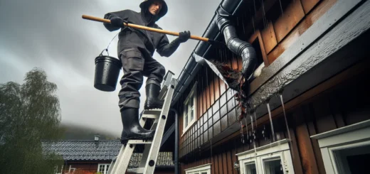 Homeowner in norway cleaning clogged gutters on a ladder after rain