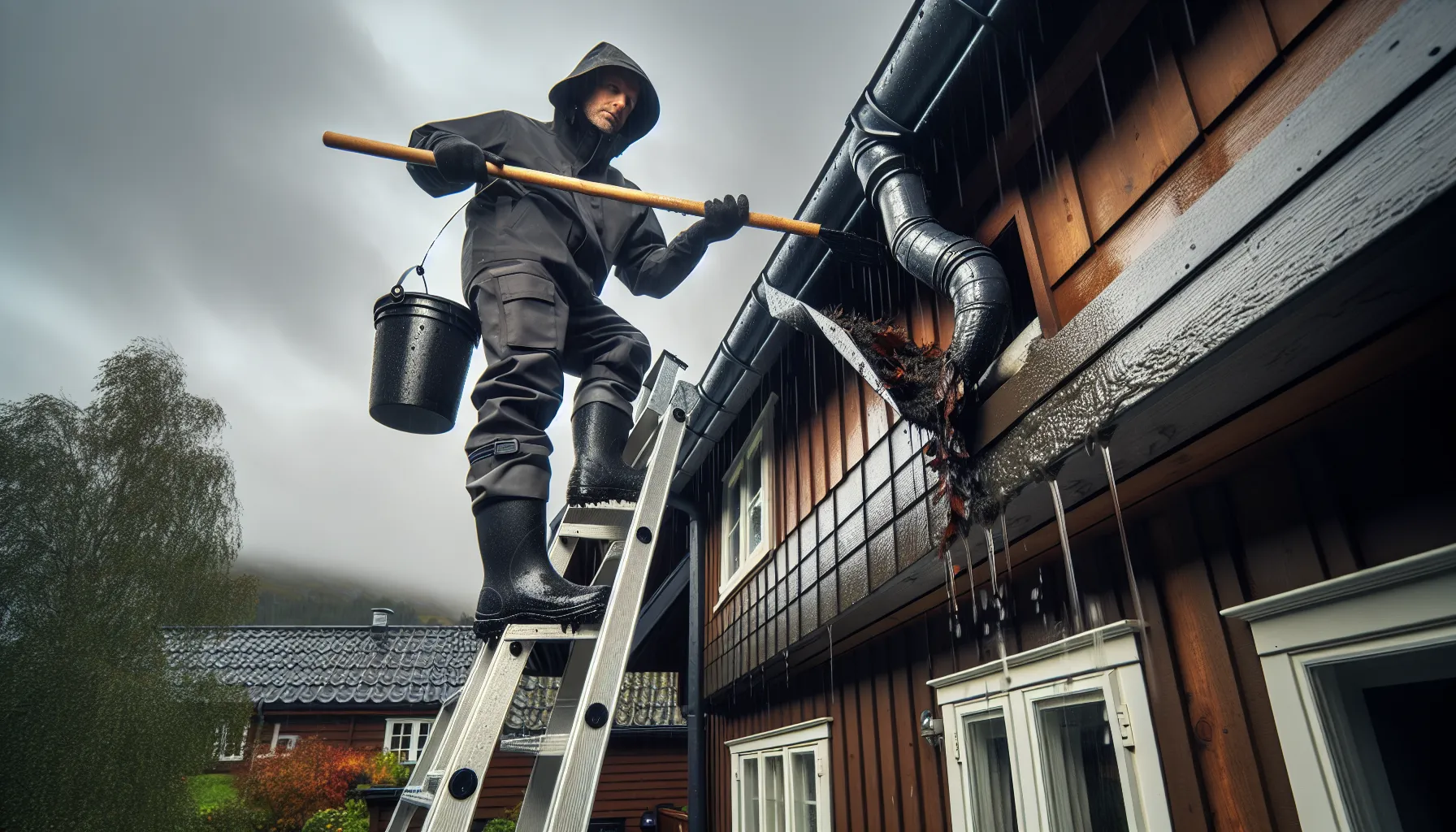 Homeowner in norway cleaning clogged gutters on a ladder after rain