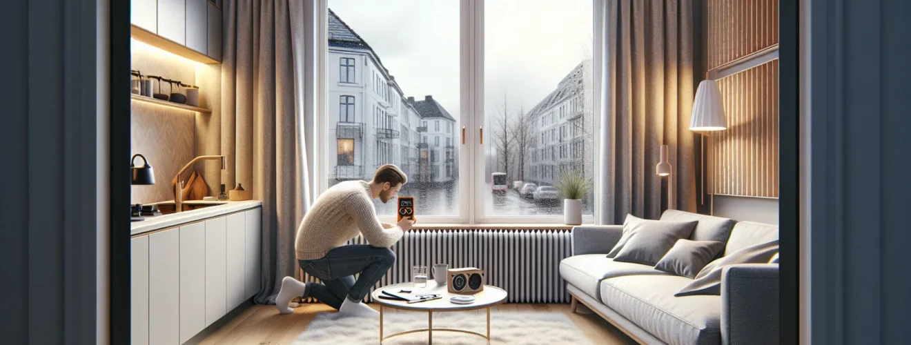 Homeowner sealing a window in a modern norwegian living room to reduce noise