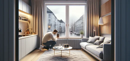 Homeowner sealing a window in a modern norwegian living room to reduce noise