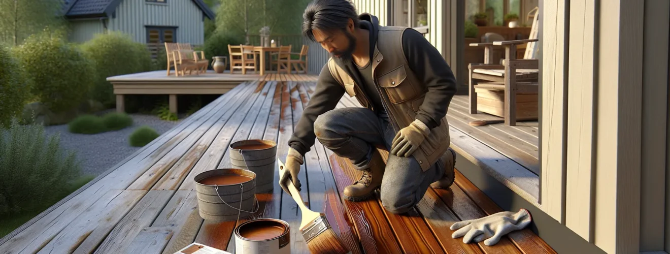 Homeowner staining a wooden terrace in norway to protect against weather wear