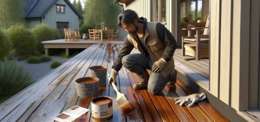 Homeowner staining a wooden terrace in norway to protect against weather wear