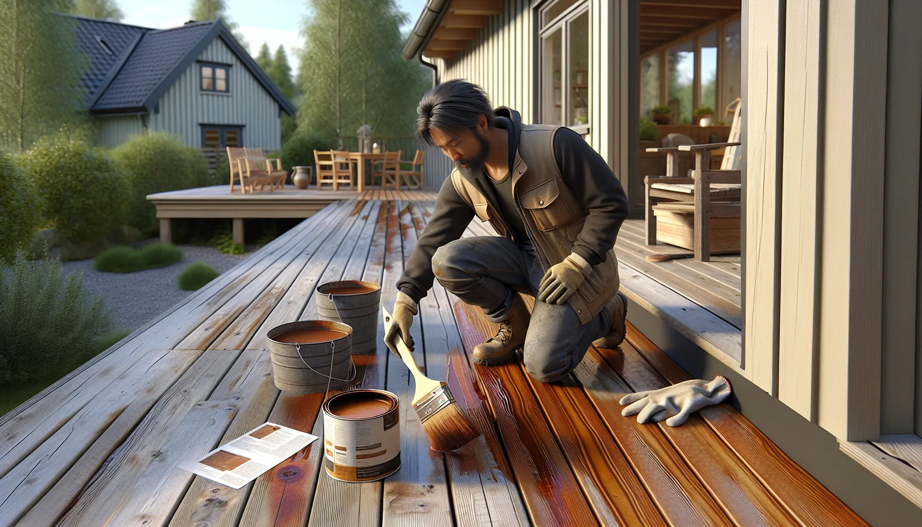 Homeowner staining a wooden terrace in norway to protect against weather wear