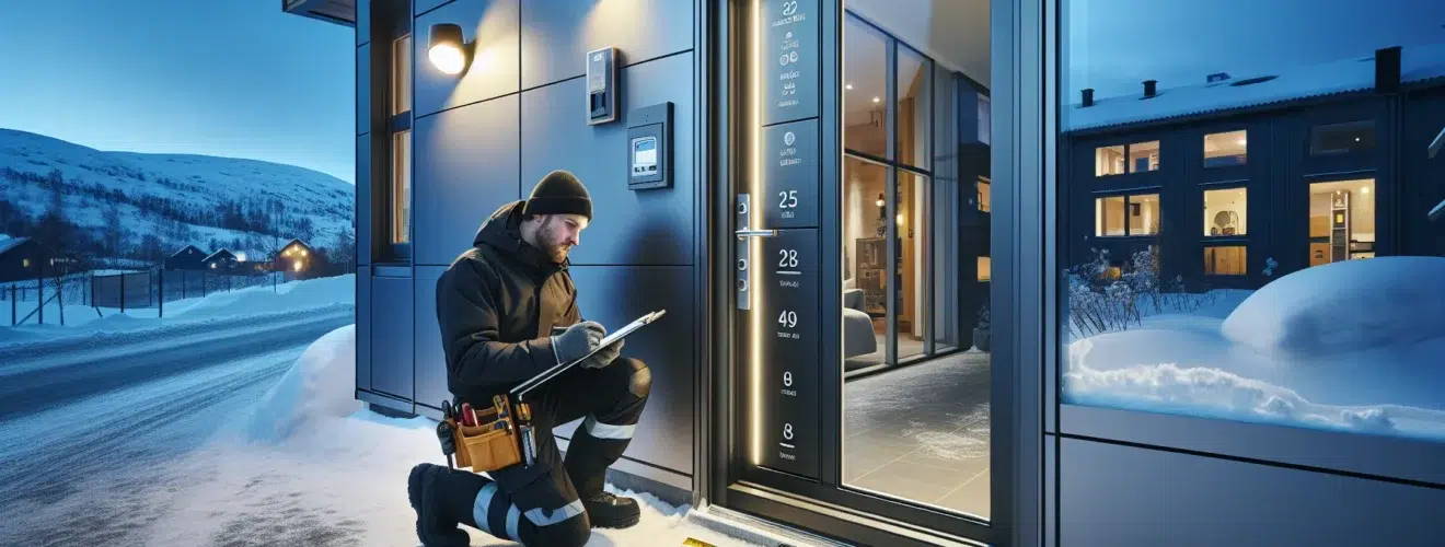 Installer measuring a secure insulated entrance door on a norwegian winter evening