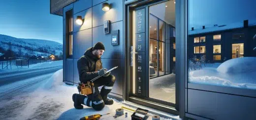 Installer measuring a secure insulated entrance door on a norwegian winter evening