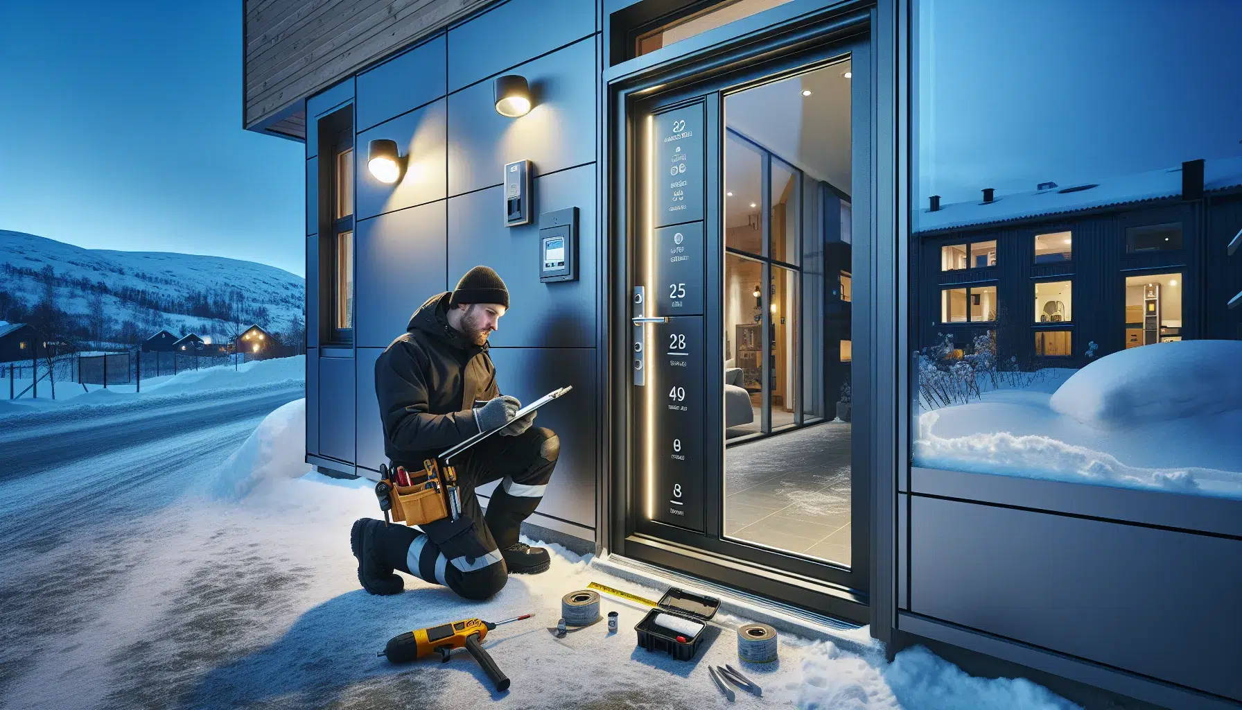 Installer measuring a secure insulated entrance door on a norwegian winter evening