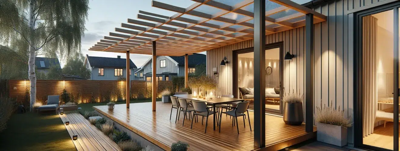 Modern norwegian pergola with roof and slatted screen over an outdoor dining area