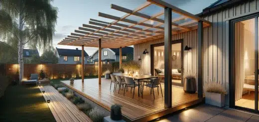 Modern norwegian pergola with roof and slatted screen over an outdoor dining area