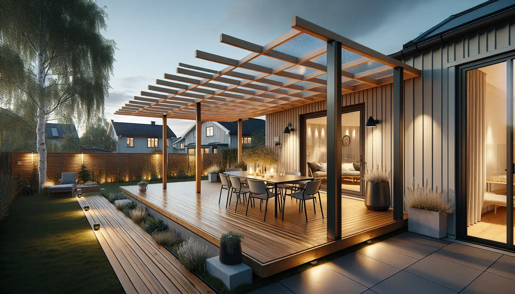 Modern norwegian pergola with roof and slatted screen over an outdoor dining area