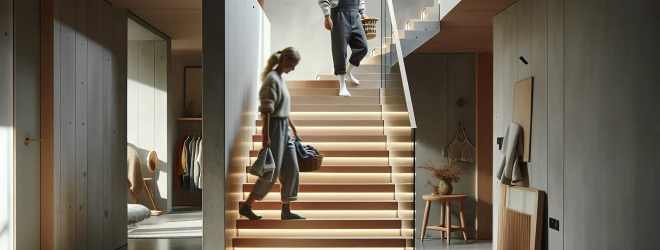 Modern norwegian staircase with oak treads glass railing and anti slip step lighting