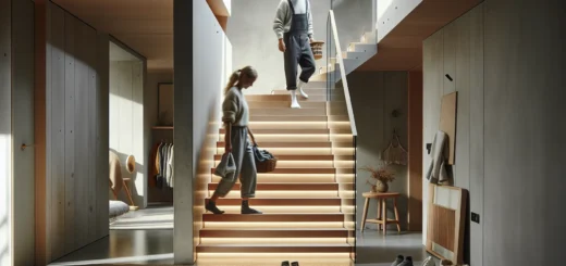 Modern norwegian staircase with oak treads glass railing and anti slip step lighting