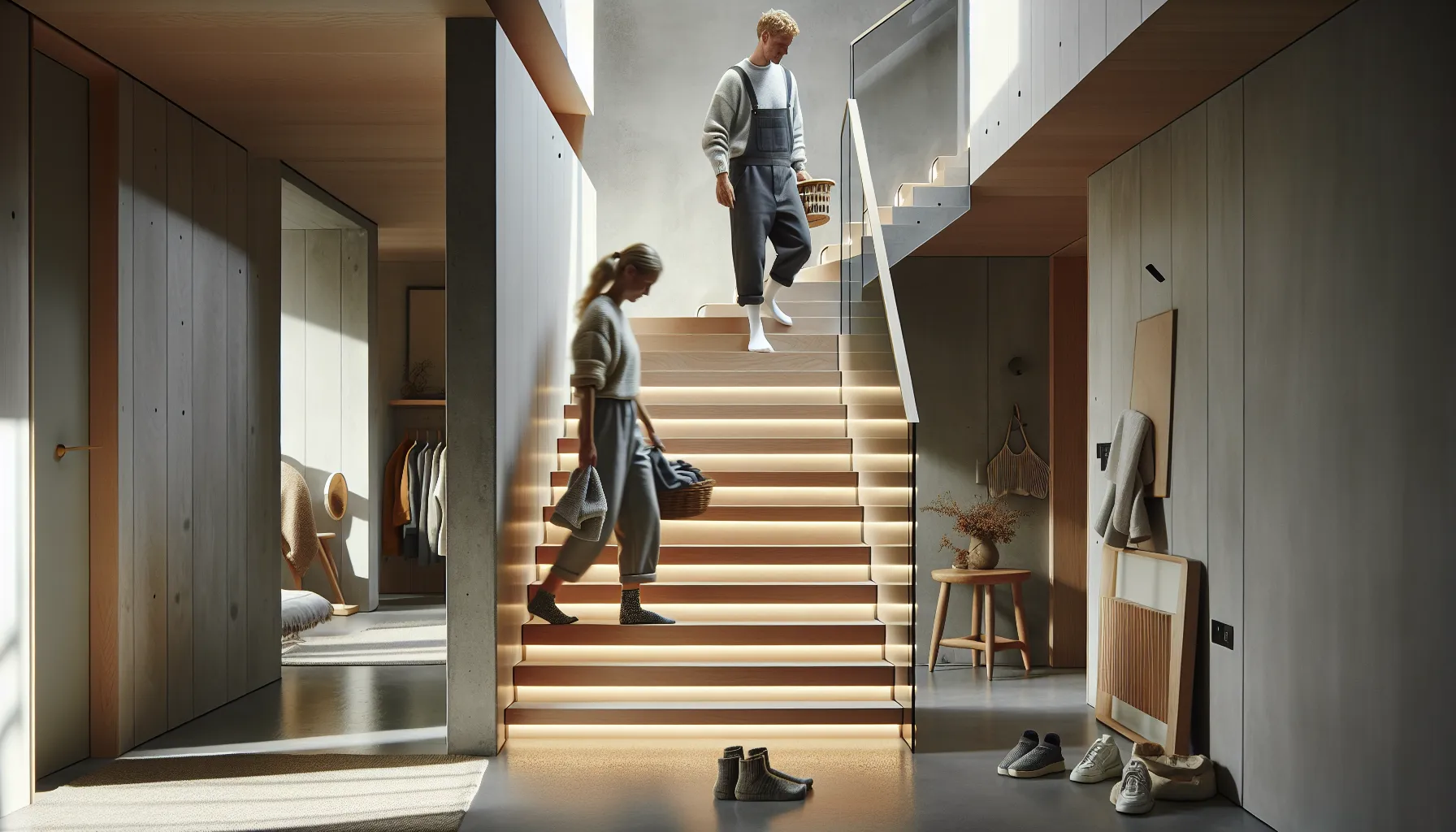 Modern norwegian staircase with oak treads glass railing and anti slip step lighting