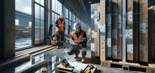 Norwegian construction team sorting reused beams and checking epd documentation on site