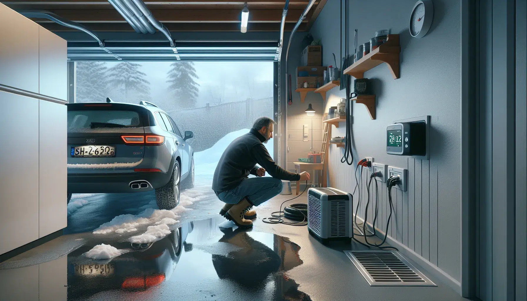 Norwegian garage with dehumidifier hygrometer safe wiring and melting winter slush