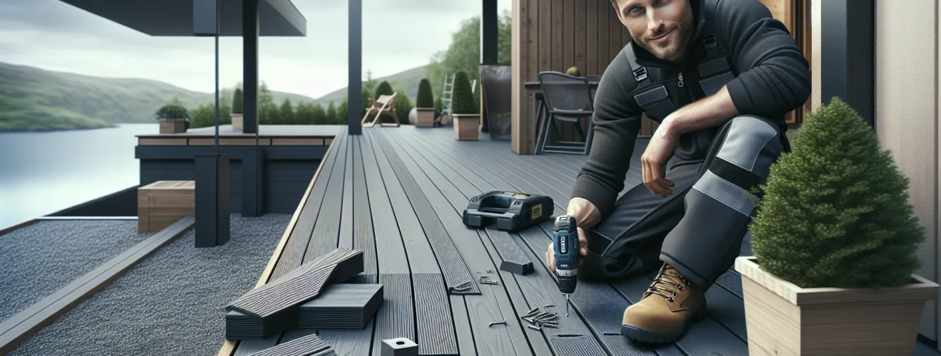 Norwegian homeowner installing composite decking with hidden clips on a new terrace