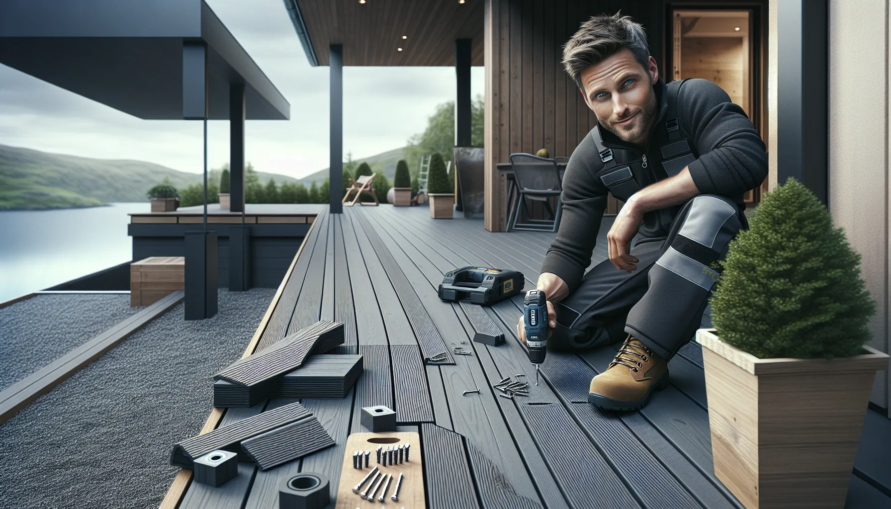 Norwegian homeowner installing composite decking with hidden clips on a new terrace