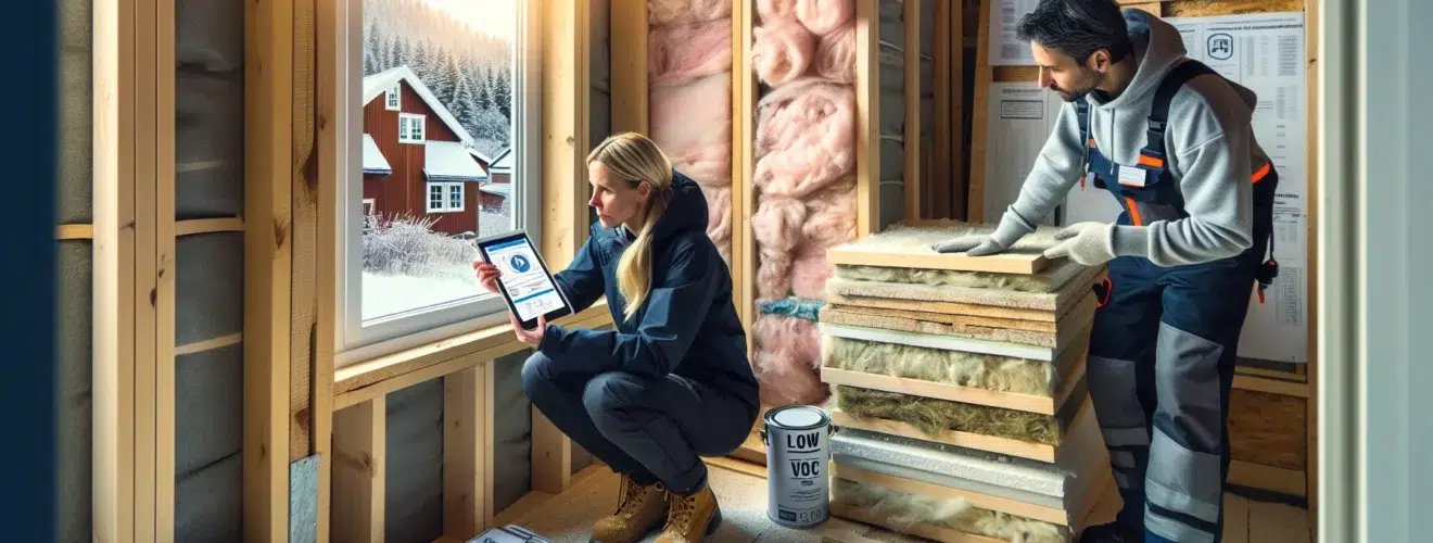 Norwegian renovation scene comparing reclaimed materials epd documents and low voc paint