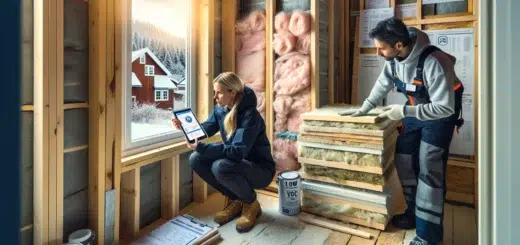 Norwegian renovation scene comparing reclaimed materials epd documents and low voc paint