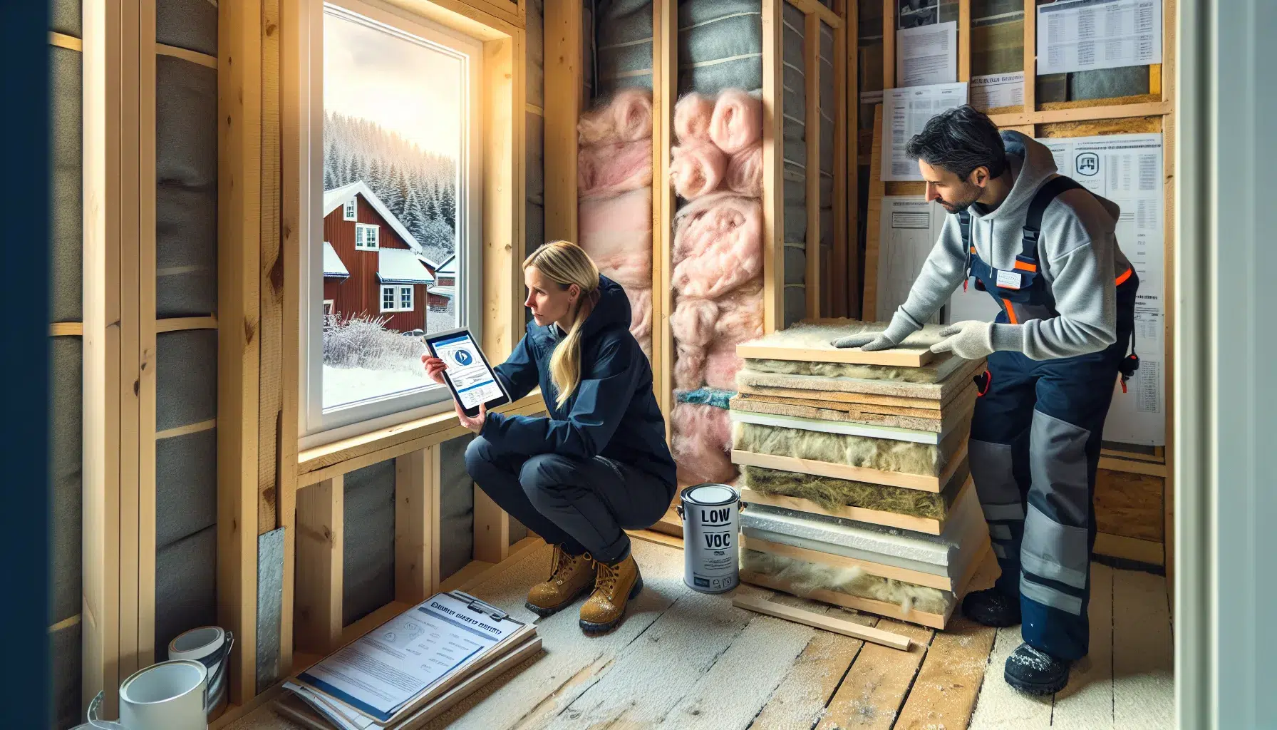 Norwegian renovation scene comparing reclaimed materials epd documents and low voc paint