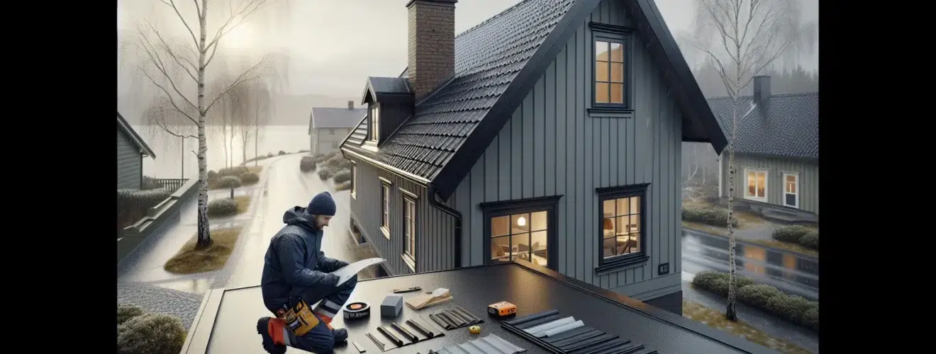 Roofer inspecting a new metal roof on a norwegian house in sleet