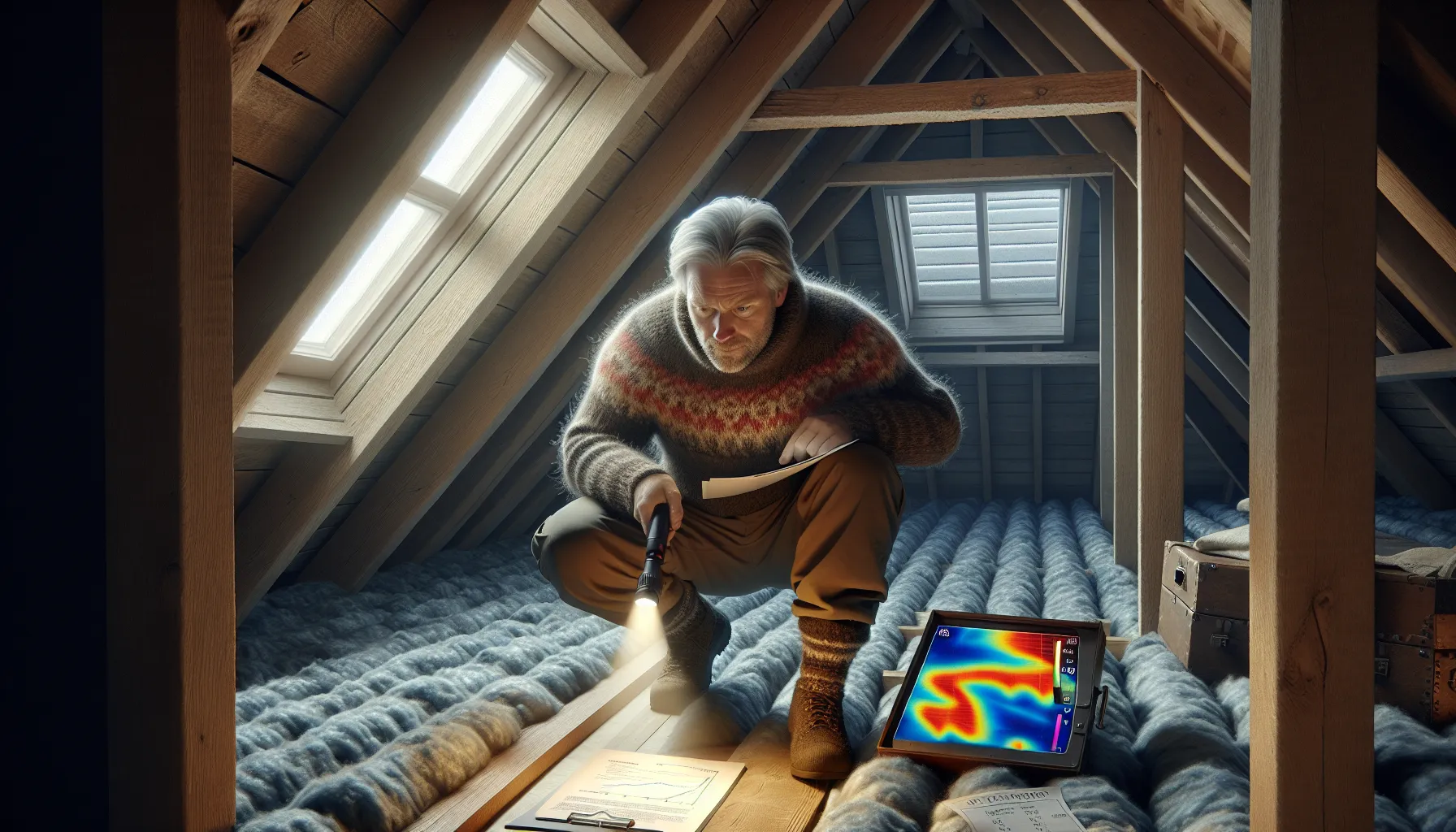 Homeowner inspecting attic insulation and drafts to cut energy costs in norway.