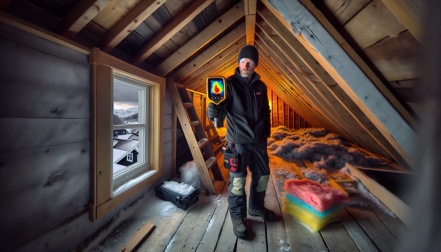 Inspector uses thermal camera to spot heat leaks in a norwegian attic.