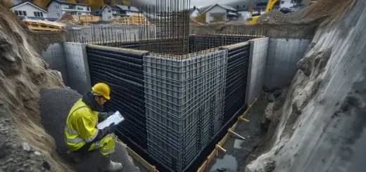 Engineer inspects reinforced concrete foundation with drainage and frost insulation in norway.