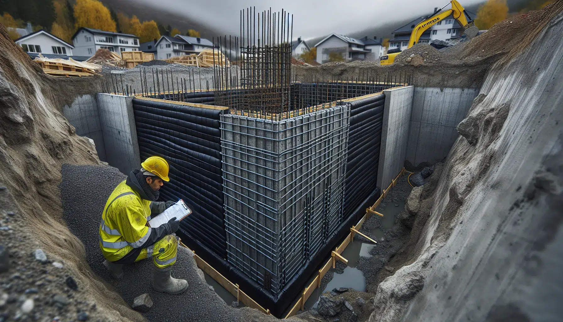 Engineer inspects reinforced concrete foundation with drainage and frost insulation in norway.